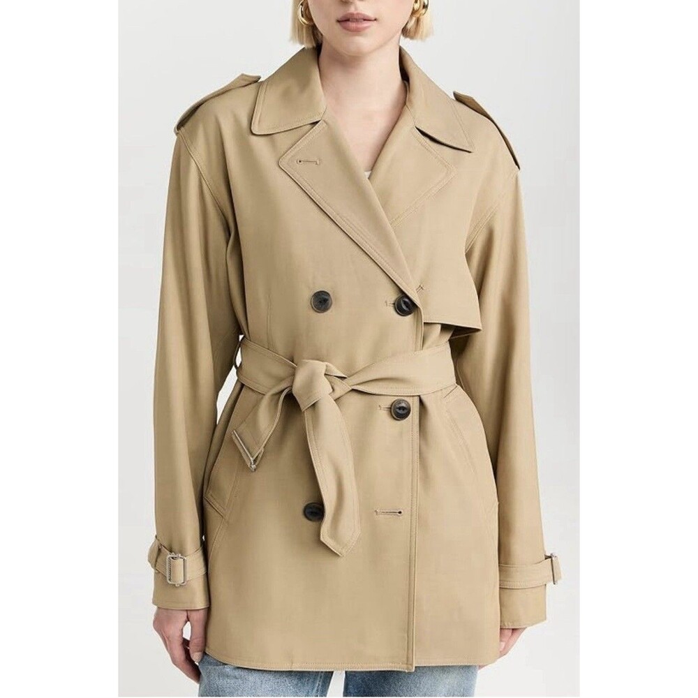Rag & Bone Beverly Cropped Trench Coat Tan Brown Button Up Merino Wool Size L